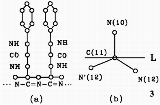 PCPU分子链结构模型和聚合链中的键长与键角的示意图